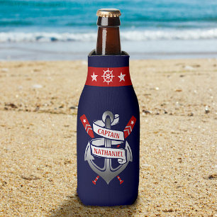 Captain Anchor Nautical Oars Navy Blue Custom Name Bottle Cooler
