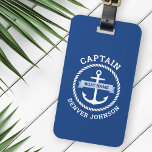 Captain anchor rope border boat name on banner luggage tag<br><div class="desc">Luggage tag featuring a white nautical anchor surrounded by a rope border. Across the anchor is a light blue ribbon with your boat's name. Add title,  for example captain,  at the top and a custom name at the bottom. Contact information on the back.</div>