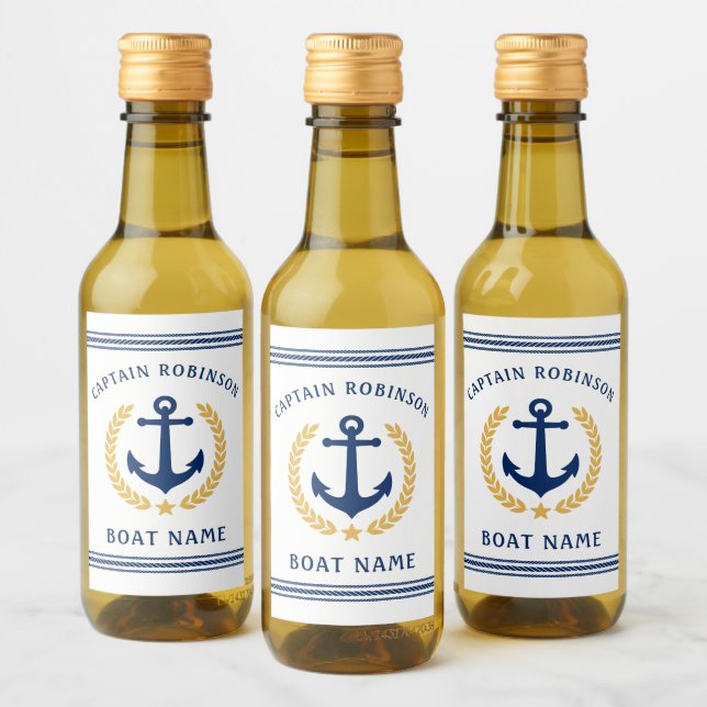 Captain And Boat Name Anchor Gold Laurel Mini Wine Label (Bottles)