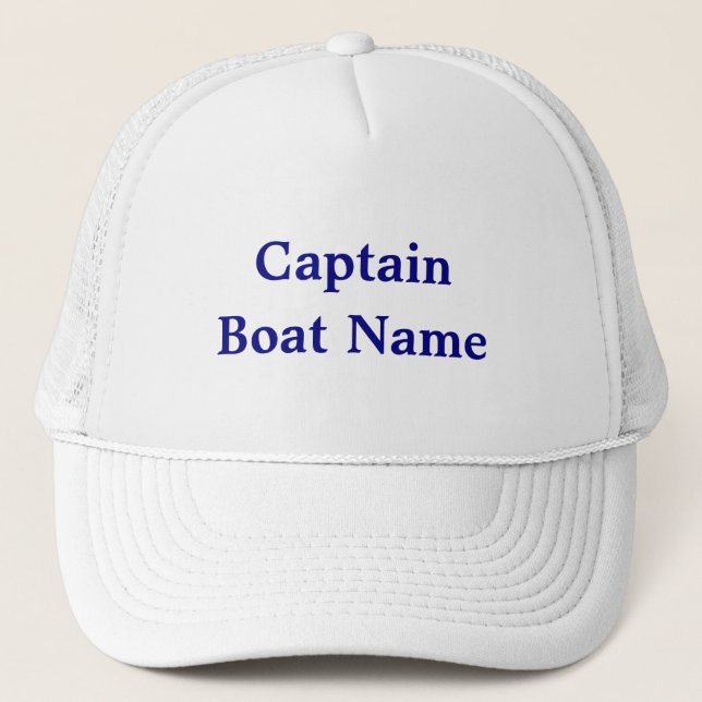 Captain and Boat Name Navy Blue Text Trucker Hat (Front)