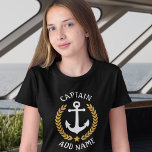 Captain Boat Name Anchor Gold Laurel Leaves Purple T-Shirt<br><div class="desc">A custom designed nautical boat anchor,  gold style laurel leaves and a gold star with Captain rank or other title and your personalized name or boat name on a girls purple t-shirt. Several other colors to choose from. Makes a great gift.</div>