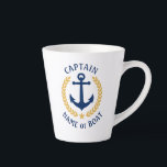 Captain Boat Name Anchor Gold Laurel Star Latte Mug<br><div class="desc">A Personalised 12oz Latte Mug with Captain rank or other title,  your boat name,  family name or other desired text. Featuring a custom designed nautical boat anchor,  gold style laurel leaves and star emblem. Makes a great gift for any occasion.</div>