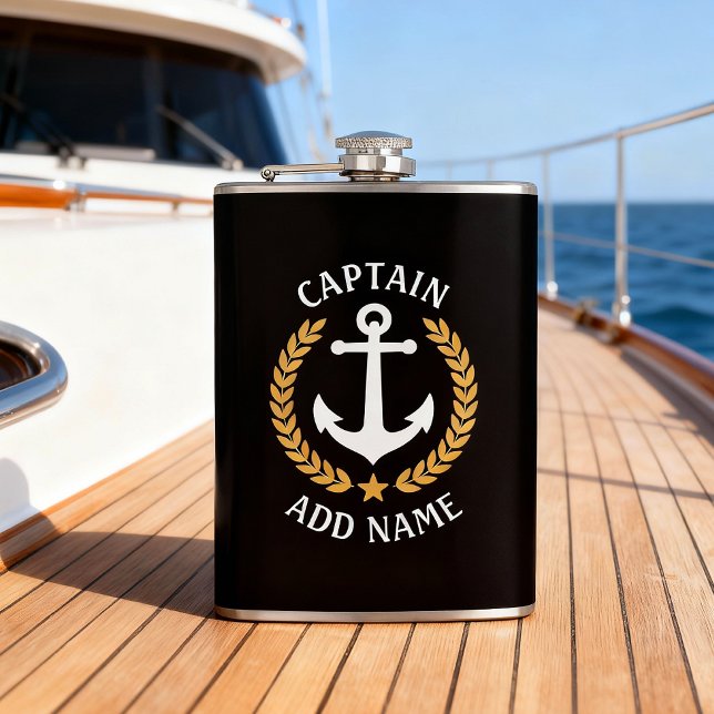 Captain Boat Name Anchor Gold Style Laurel Black Hip Flask (Creator Uploaded)