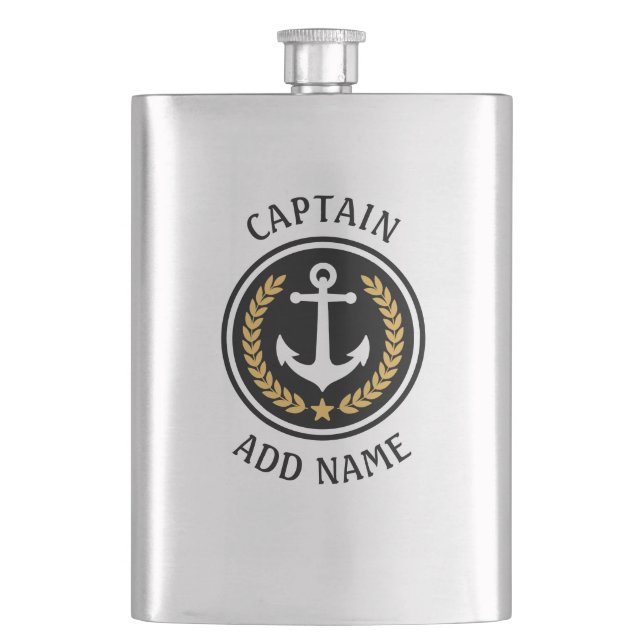 Captain Boat Name Anchor Gold Style Laurel Metal Hip Flask (Front)
