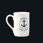 Captain Boat Name Anchor Gold Style Laurel Navy Bone China Mug<br><div class="desc">A Personalised bone china Mug with Captain rank or other title,  your boat name,  family name or other desired text. Featuring a custom designed nautical boat anchor,  gold style laurel leaves and star emblem. Makes a great gift for any occasion.</div>