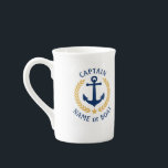 Captain Boat Name Anchor Gold Style Laurel Navy Bone China Mug<br><div class="desc">A Personalised bone china Mug with Captain rank or other title,  your boat name,  family name or other desired text. Featuring a custom designed nautical boat anchor,  gold style laurel leaves and star emblem. Makes a great gift for any occasion.</div>