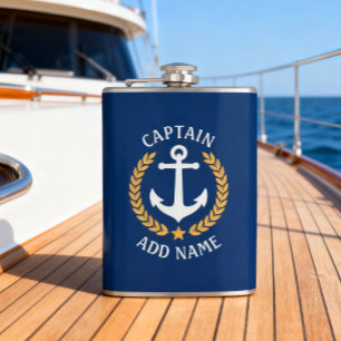 Captain Boat Name Anchor Gold Style Laurel Navy Hip Flask
