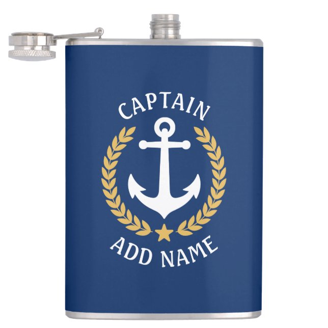 Captain Boat Name Anchor Gold Style Laurel Navy Hip Flask (Opened)
