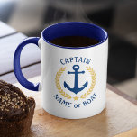 Captain Boat Name Anchor Gold Style Laurel Navy Mu Mug<br><div class="desc">A Personalized two tone coffee Mug with Captain rank or other title, your boat name, family name or other desired text. Featuring a custom designed nautical boat anchor, gold style laurel leaves and star emblem. Several accent colors to choose from to match your current decor. Makes a great gift for...</div>