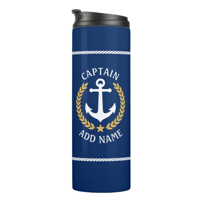 Captain Boat Name Anchor Gold Style Laurel Navy Thermal Tumbler (Rotated Right)