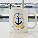 Captain Boat Name Anchor Gold Style Laurel Star Large Coffee Mug<br><div class="desc">A Personalised giant 20-ounce coffee Mug with Captain rank or other title,  your boat name,  family name or other desired text. Featuring a custom designed nautical boat anchor,  gold style laurel leaves and star emblem. Makes a great gift for any occasion.</div>