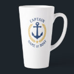 Captain Boat Name Anchor Gold Style Laurel Star Latte Mug<br><div class="desc">A Personalised 17oz Latte Mug with Captain rank or other title,  your boat name,  family name or other desired text. Featuring a custom designed nautical boat anchor,  gold style laurel leaves and star emblem. Makes a great gift for any occasion.</div>