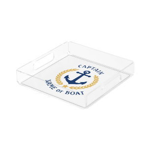 Captain Boat Name Anchor Gold Style Laurel White Acrylic Tray