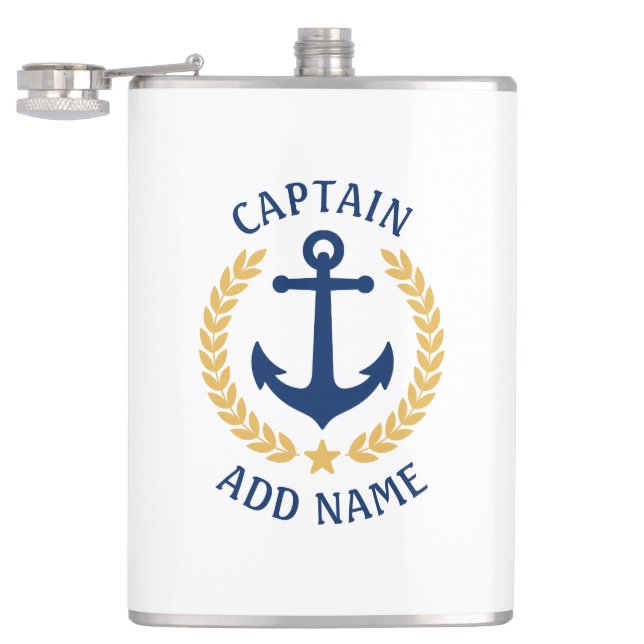 Captain Boat Name Anchor Gold Style Laurel White Hip Flask (Opened)