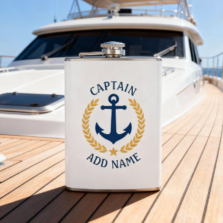 Captain Boat Name Anchor Gold Style Laurel White Hip Flask