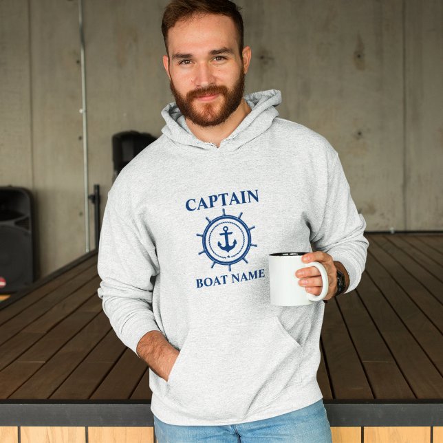 Captain Boat Name Anchor Rope Helm Nautical Grey Hoodie (Customize to change text size. Choose from a variety of shirt colors and styles.)