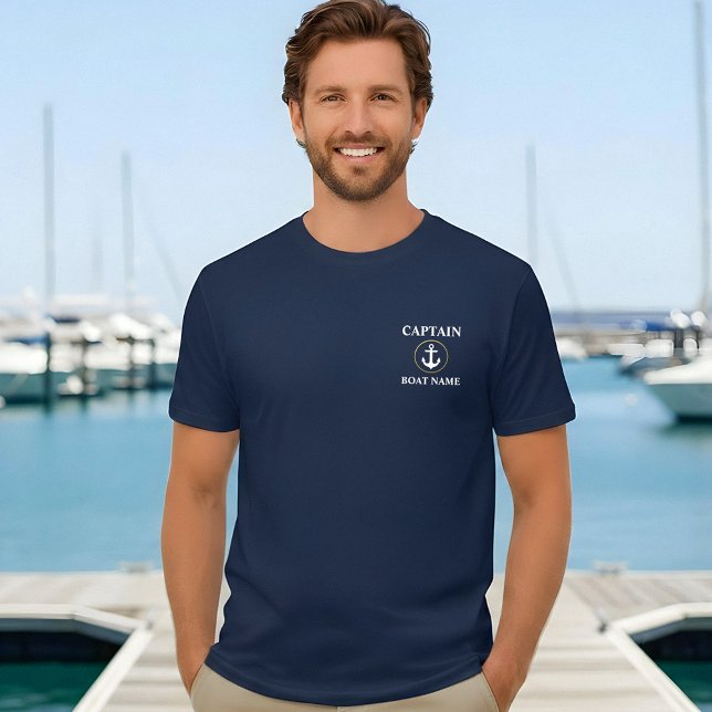 Captain Boat Name Nautical Anchor Blue Gold T-Shirt (Customize to change text size. Choose from a variety of shirt colors and styles.)