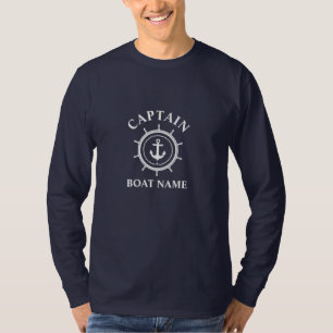 Captain Boat Name Nautical Anchor Helm Blue Long T-Shirt