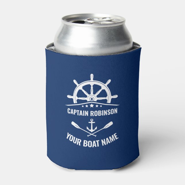 Captain & Boat Name Nautical Anchor Oars Helm Navy Can Cooler (Can Front)