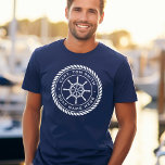 Captain boat name rope frame nautical ship's wheel T-Shirt<br><div class="desc">Navy blue tee shirt featuring a white,  elegant ship's wheel and rope emblem with your custom captain's name and boat name.</div>