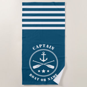 Captain Boat or Name Nautical Anchor & Oars Aqua Beach Towel