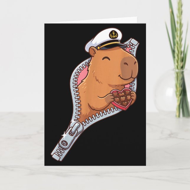 Captain Capybara Valentine Chocolate Heart Zipper  Card (Front)