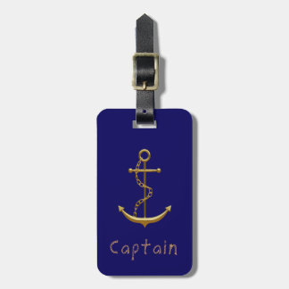 Captain gold nautical anchor on royal blue luggage tag