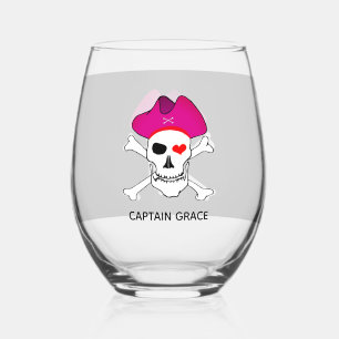 Captain Grace Glass, Pirates Flag, Pirate Stemless Wine Glass