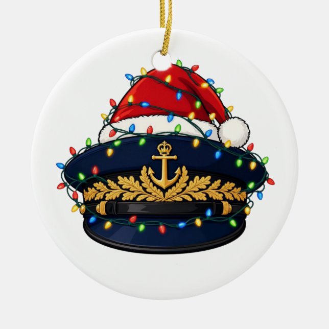 Captain Hat Santa Hat Christmas Lights Nautical Ceramic Tree Decoration (Front)