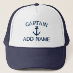 Captain hat with nautical anchor and custom name<br><div class="desc">Captain hat with nautical anchor and custom name. Vintage typography template for sailor. Make your own personalised hat for sailing / boating. Navy blue boat / ship anchor symbol with grungy text. Cute Birthday or Fathers Day gift idea for men. Make your own for dad, uncle, father, brother, husband etc....</div>