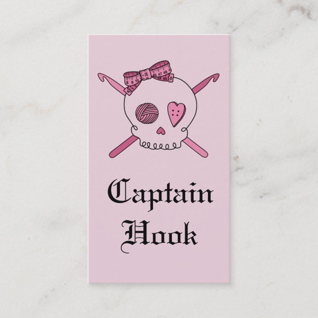 Captain Hook Skull & Crochet Hooks (Pink Back) Business Card (Front)
