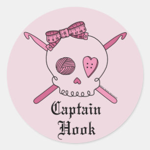 Captain Hook Skull & Crochet Hooks (Pink Back) Classic Round Sticker