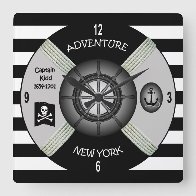 Captain Kidd ~  Adventure Galley ~Privateer~Pirate Square Wall Clock (Front)