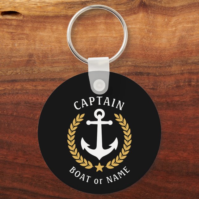 Captain Name Anchor Gold Laurel Photo Back Black Key Ring (Front)