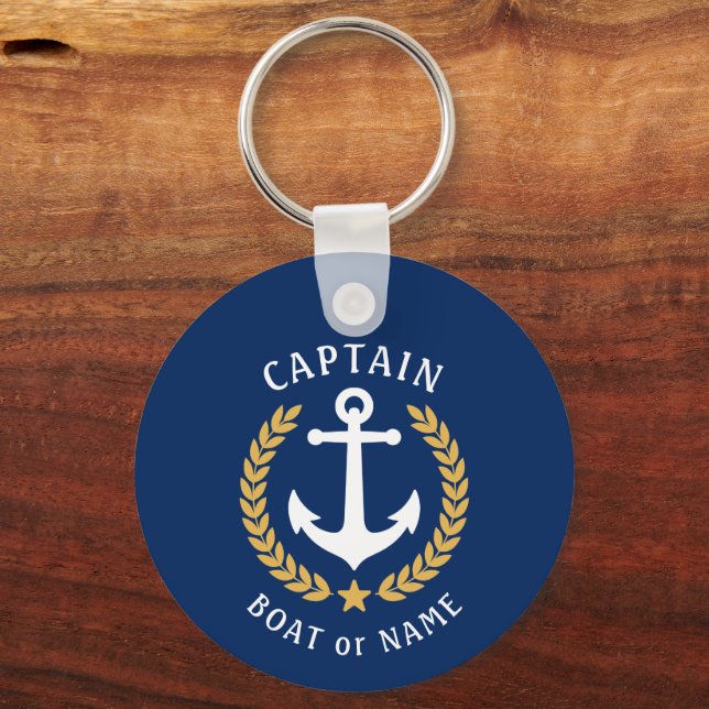 Captain Name Anchor Gold Laurel Photo Back Navy Key Ring (Front)