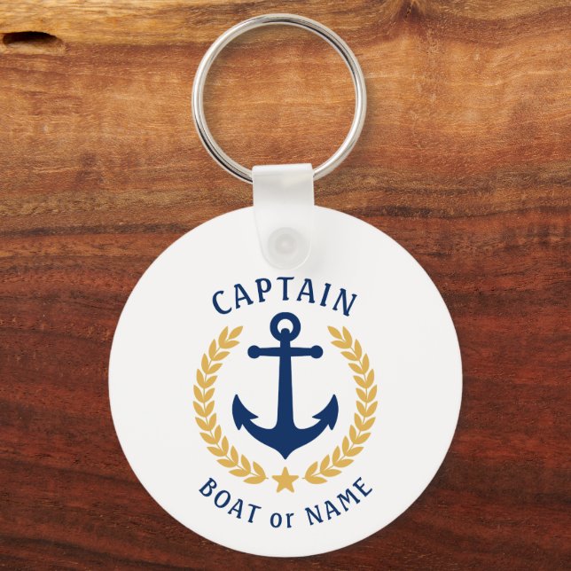 Captain Name Anchor Gold Laurel Photo Back White Key Ring (Front)