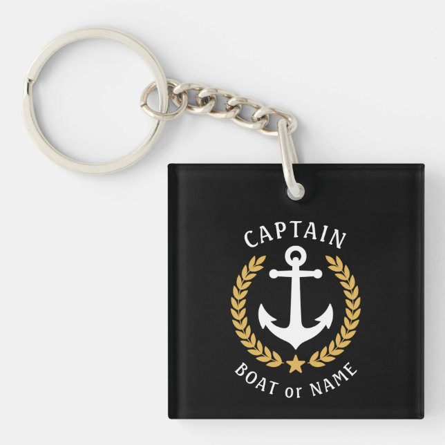 Captain Name Anchor Gold Laurel Picture Back Black Key Ring (Front)