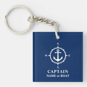 Captain Name Boat Compass Anchor Photo Back Navy Key Ring