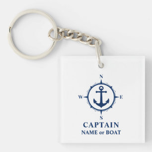 Captain Name Boat Compass Anchor Photo Back White Key Ring