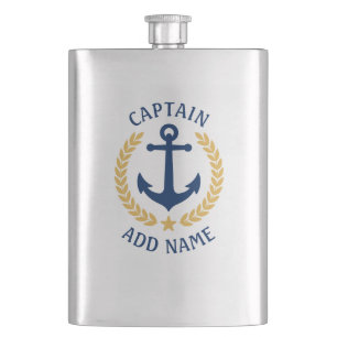 Captain Name Nautical Anchor Gold Style Laurel Hip Flask