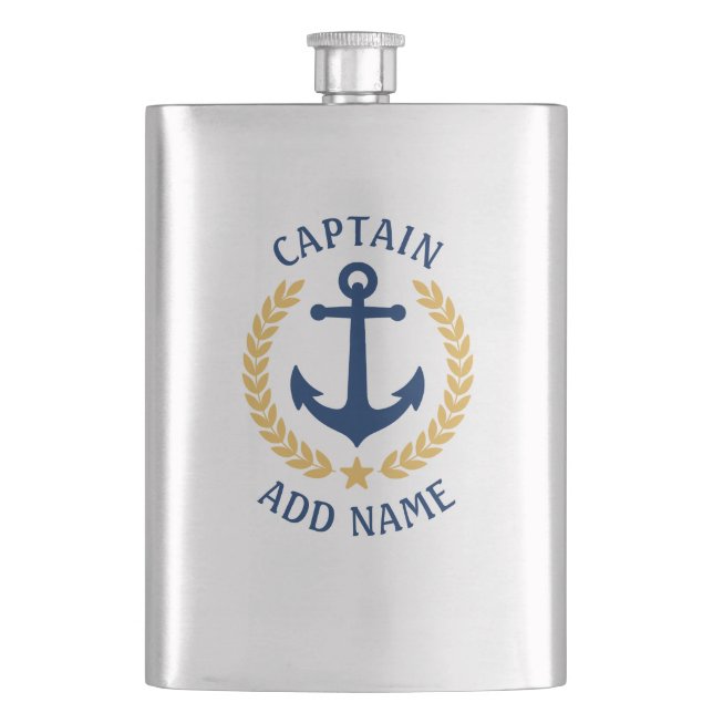 Captain Name Nautical Anchor Gold Style Laurel Hip Flask (Front)