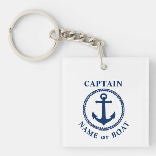 Captain Name or Boat Sea Anchor Photo Back White Key Ring