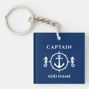 Captain Name Seahorse Boat Anchor Photo Back Blue Key Ring