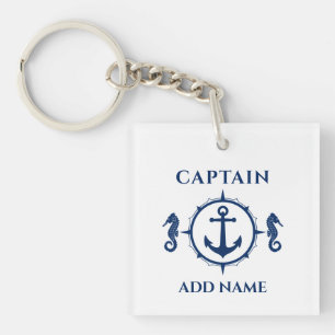 Captain Name Seahorse Boat Anchor Photo Back White Key Ring