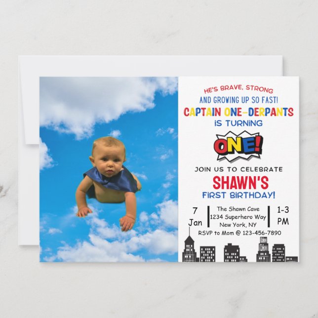 Captain One-derpants First Birthday Invitation (Front)