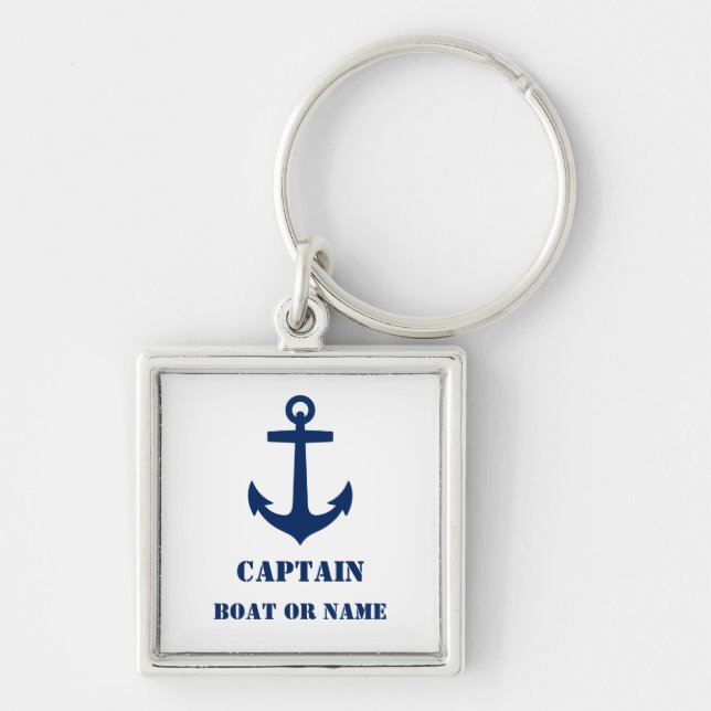 Captain or Boat Name Nautical Anchor Navy & White Key Ring (Front)