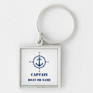 Captain or Boat Name Nautical Compass Anchor White Key Ring