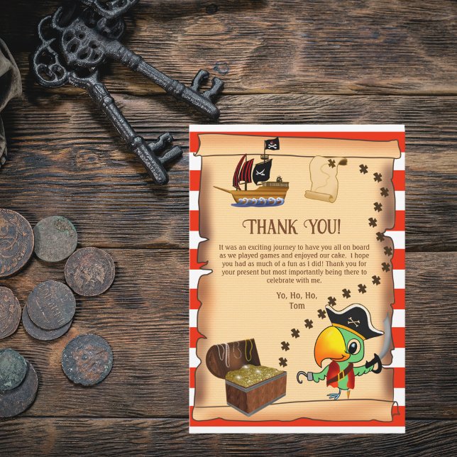 Captain Parrot Treasure Pirate Boy's Birthday Thank You Card (Creator Uploaded)