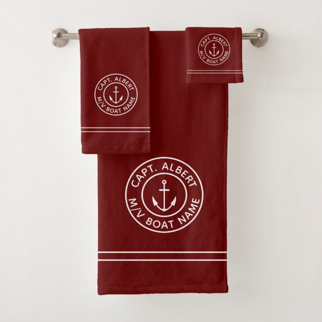 Captain Personalised Anchor Logo Maroon Towel Set (Insitu)