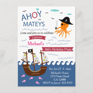 Captain Pirate Octopus Birthday Party Invitation